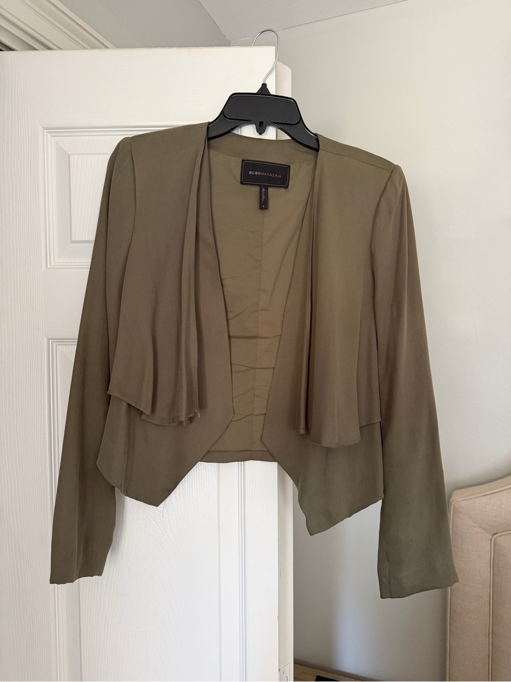 BCBGMaxAzria Olive Open-Front Draped Blazer